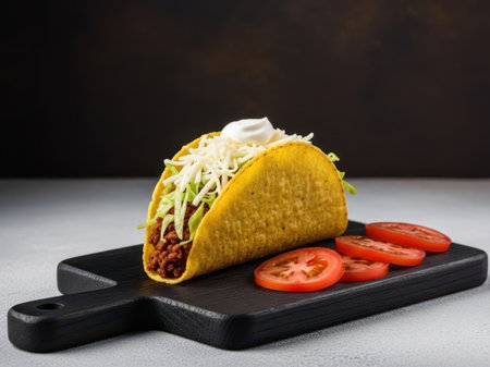 Taco with ground beef, lettuce, and sour cream isolated on white backgroundの素材