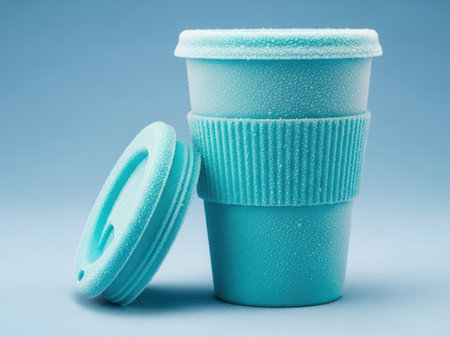 Turquoise travel coffee cup with lid isolated on white backgroundの素材