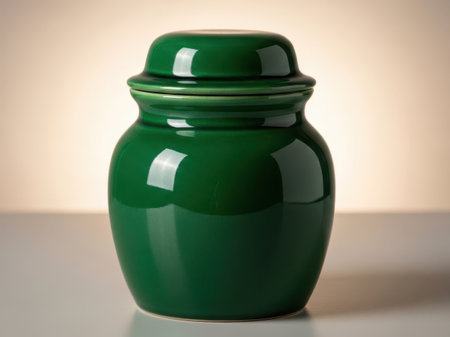 Green ceramic jar with lid, isolated on white backgroundの素材