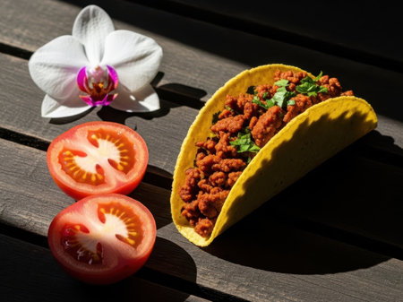Taco with ground meat and tomato slices isolated on white backgroundの素材