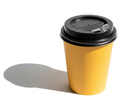 Yellow coffee cup with black lid isolated on white backgroundの素材