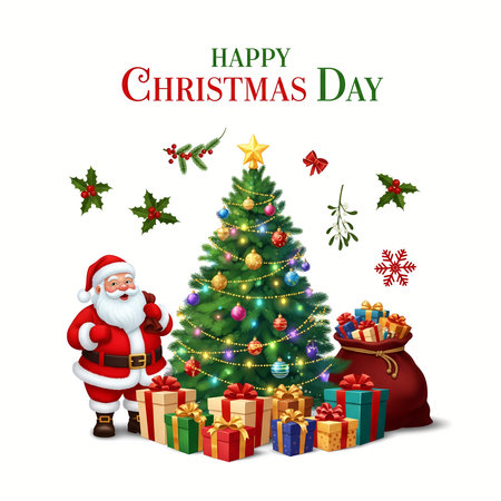 Happy Christmas and New Year greeting card with Santa Claus, gifts and Christmas tree.の素材