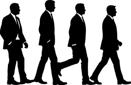 business people walking silhouettes isolated on white background, vector illustration.のイラスト素材