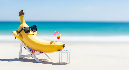 Banana chilling on beach chair. Relaxing under sun with sunglasses & cocktail. Summertime vibes with tropical drink on beach vacation.の素材