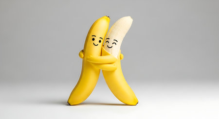 Two bananas hugging each other in love and friendship. Happy fruit cartoon with healthy food. Celebrating affection.の素材