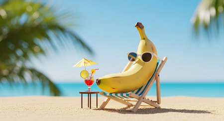 Banana on beach deckchair sunbathing sipping tropical drink. Summer vacation concept with seaside exotic holiday.の素材