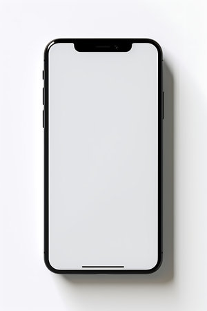 Smartphone with blank screen isolated on white background. Top view.の素材