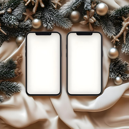 Smartphone mockup with blank screen on christmas background. 3d renderingの素材