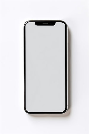 Smartphone mockup with blank screen isolated on white background. Top view.の素材