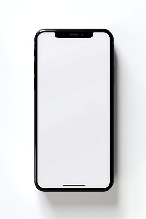 Smartphone mockup with blank screen isolated on white background. Top view.の素材