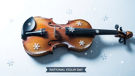 Artistic violin design with snowflakes celebrates national violin day. Classical stringed instrument presented for cultural appreciation. Symbolizes musical culture.の素材