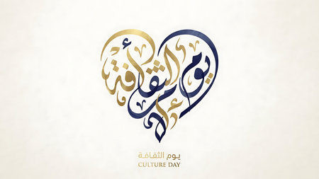 Arabic calligraphy design for culture day in heart shape. Elegant script for culture day celebration. Heart shaped calligraphic composition in gold and blue.の素材