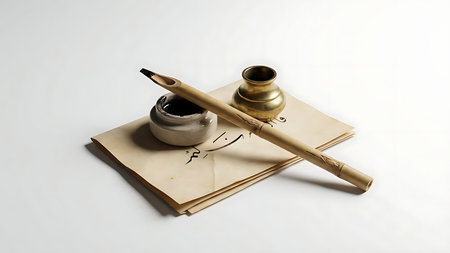 Arabic calligraphy pen with ink and paper. Traditional arabic writing tool and inkwell on white background. Still life of arabic culture and traditions.の素材