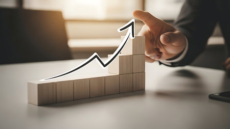 Growth concept using wooden blocks and rising arrow illustration. Achieving business success. Business development and strategy shown using blocks.の素材
