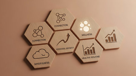 Wooden blocks with connection and wellness, personal growth and mindfulness, and healthy routine. These symbols represent different areas of life for holistic balance.の素材