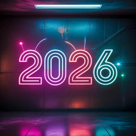 A vibrant 2026 new year. Bright neon 2026 sign on dark wall. Glowing numerals for upcoming year over abstract background.の素材