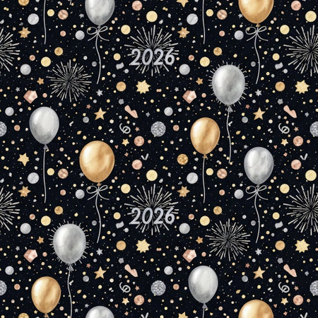 Celebrate new year with balloon arrangement and firework design with stylish stars for year 2026. Perfect for festive backgrounds and wallpaper, adding party touch with balloons and stars.の素材