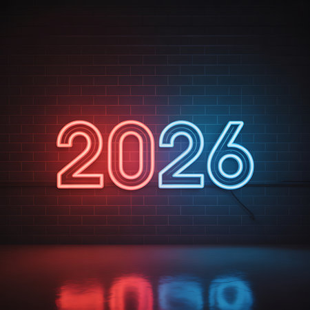 Bright neon 2026 sign on brick wall reflecting on floor. The bright neon sign showing the year 2026 reflecting on the surface of the floor with a dark brick background.の素材