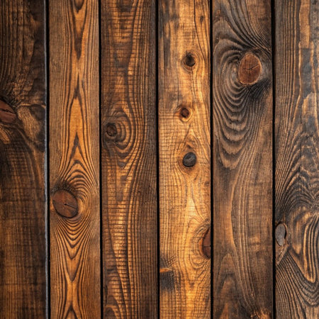 Rich dark wood texture. Vertical timber planks with deep stain. Visible wood grain patterns. Warm wooden background. Rustic dark paneling.の素材