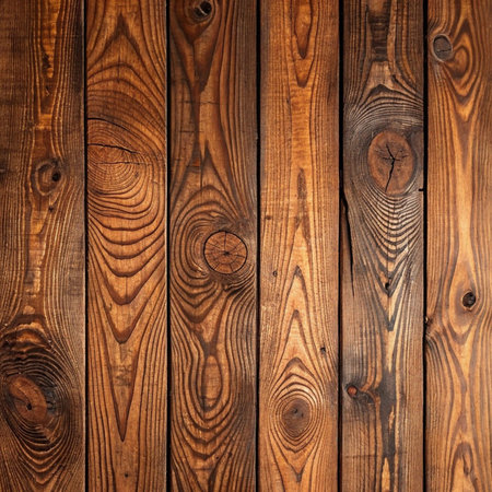 Rich brown wooden background. Vertical planks feature prominent wood grain. Knots create textured surface. Rustic timber backdrop. Natural dark wood. Aged wooden board. Old lumber wall. Stained hardwood flooringの素材