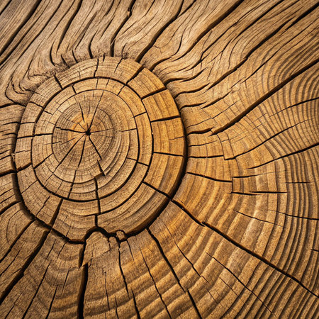 Close up view of natural wood texture. Wood grain background. Growth rings and cracks revealing organic patterns. Rustic surface details. Abstract wooden backdrop. Macro shot of aged timber. Rough weathered lumberの素材