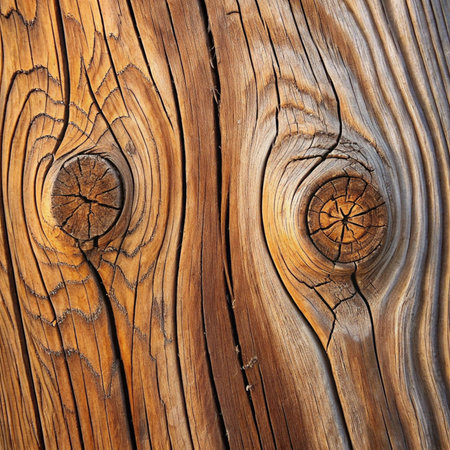 Wooden surface shows two distinct knots. Natural wood grain highlights texture. Cracks enhance rustic feel. Detail view of organic material. Weathered wood surface. Rustic timber texture background.の素材