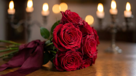 Elegant bouquet of red roses. Fresh water droplets. Deep red ribbon. Wooden table setting. Vintage candelabras. Warm candlelight. Romantic ambiance. Classic romantic gesture. Perfect for a special dinner. Soft, inviting glow.の素材