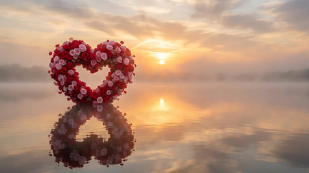 Heart-shaped floral wreath floats on serene lake, romantic tranquil setting, soft reflections, morning mist, beautiful golden sky, love symbol nature, peaceful dawn, perfect romantic background.の素材