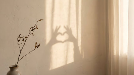 Shadow of hands forming heart shape, wall with sunlight, plant in vase, peaceful minimal interior, warm ambiance, cozy room, natural light, romantic atmosphere, subtle decor, love expression.の素材