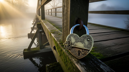 Heart shaped padlock with key on a weathered wooden bridge. Symbolizing eternal love and unwavering commitment. Early morning sunlight creates a mystical foggy atmosphere over water. Concept of lasting bond and romantic journey.の素材