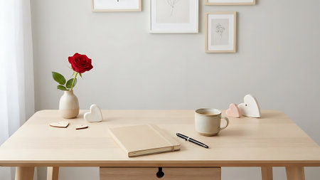 Valentine's day inspired desk setup. Fresh red rose in a minimalist vase. Ceramic and wooden heart decorations. Beige notebook and pen on a light wooden table. Warm cup of coffee. Gallery wall with simple art frames.の素材