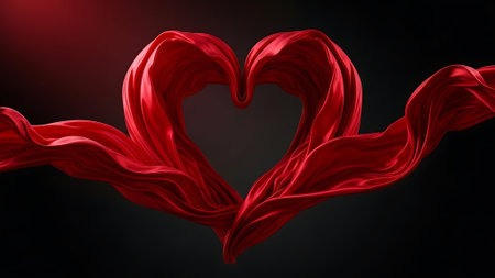 Dramatic red fabric elegantly shaped into a perfect heart, symbolizing love and passion. Smooth, silky material with graceful drapes and folds. Abstract representation of romance and affection. Dynamic textile art against a deep, contrasting background. Vibrant visual for emotional themes.の素材