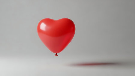 Heart shaped balloon floating against a light gray background. Red heart balloon with subtle shadow. Symbol of love and romance. Simple yet striking.の素材