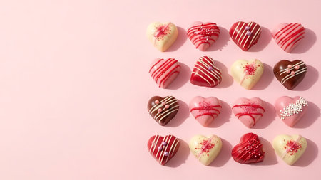 Top view of assorted heart shaped chocolates on pink background for valentines day. Sweet treats, love themed candies. Perfect for romantic gifts, anniversary surprises, or sweet indulgences.の素材