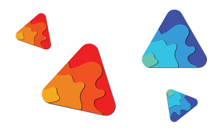 Layered triangles in red orange blue and cyan hues float against a white backdrop creating an...