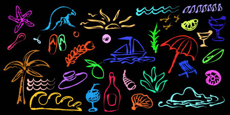 Colorful hand drawn vacation and beach elements form a vibrant  pattern on a black background perfect for summer design.のイラスト素材