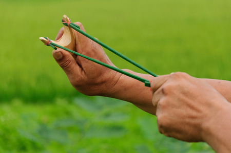 Wood slingshot catapult and handsの写真素材