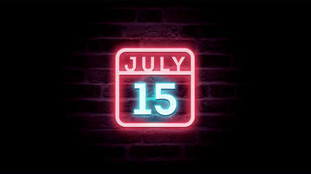 July 15 neon sign on a brick wall background. Vector illustration.の写真素材