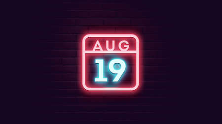 August 19 neon calendar icon. Night signboard. Vector illustration.の写真素材