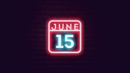 July 15 neon calendar icon. Day 15 of month, Neon signboard. Brick wall background. Vector illustration.の写真素材