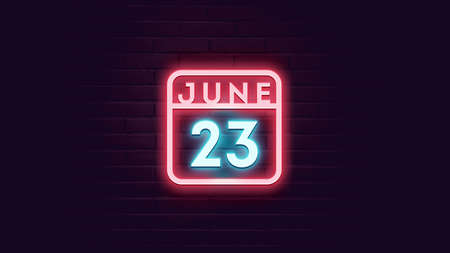 July 25 neon calendar icon on brick wall background. Vector illustration.の写真素材