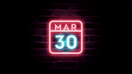 March 30 calendar with neon blue and red neon lights on bricks backgroundの写真素材