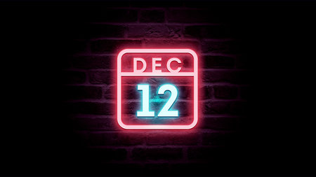 December 12 neon sign on a brick wall background. Vector illustration.の写真素材