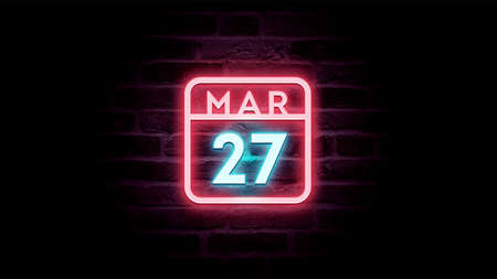 March 27 date neon sign on a brick wall background. Vector illustration.の写真素材