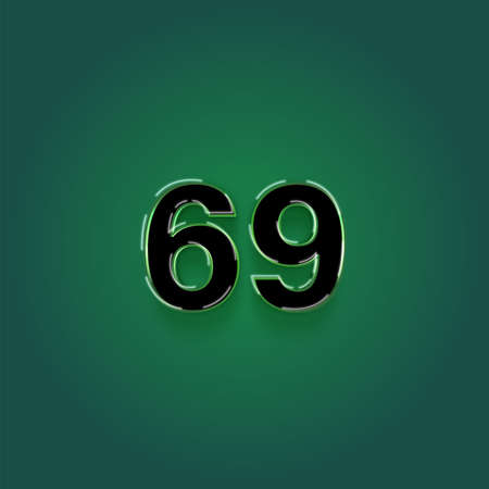 Green neon light font with black outline and number 69, isolated on white background, 3D illustration of symbolsの写真素材