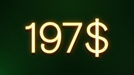 Gold neon sign with the inscription 19.99 USD on a dark green background.の写真素材