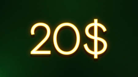 20 dollar sign in yellow neon light on black background. 3d renderingの写真素材