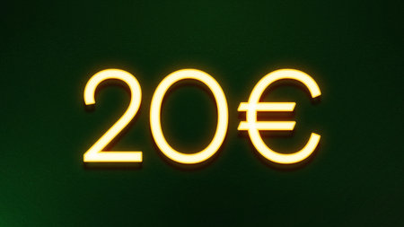 20 euro sign in neon light on dark green background. 3d rendering