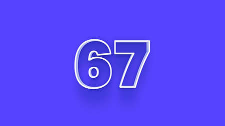 67 number 3d effect isolated on blue background. 3d render illustration