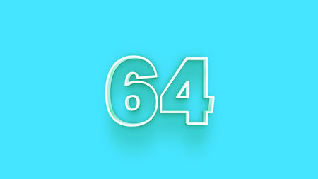 number 64 white color 3d render illustration isolated on light blue background